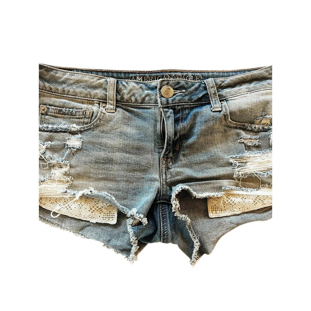 AE Super Low Shortie Distressed Denim Lace Festival Shorts | 8 - Picture 3 of 5